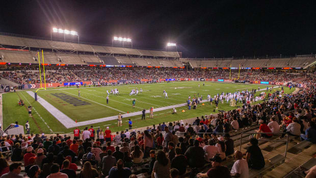 Feb 26, 2023; Houston, TX, USA; A general view of TDECU Stadium as the Arlington Renegades punt against the Houston Roughnecks in the third quarter. Mandatory Credit: Thomas Shea-USA TODAY Sports The Roughnecks won 24 to 17.  